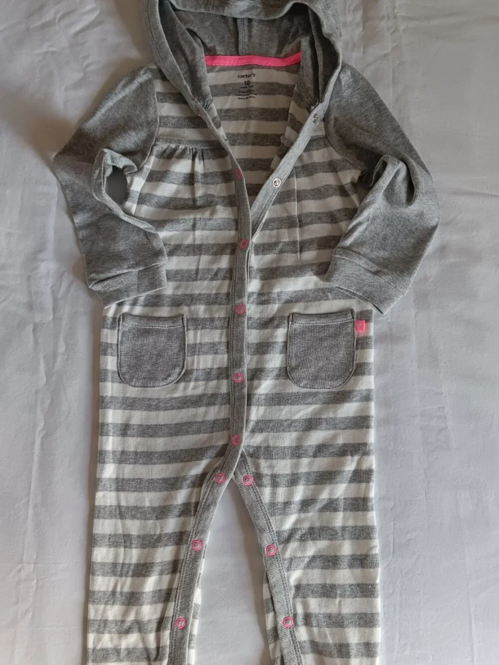 Cozy Carter's 18 Months Hooded Striped Romper Jumpsuit Grey and White Pink Snaps